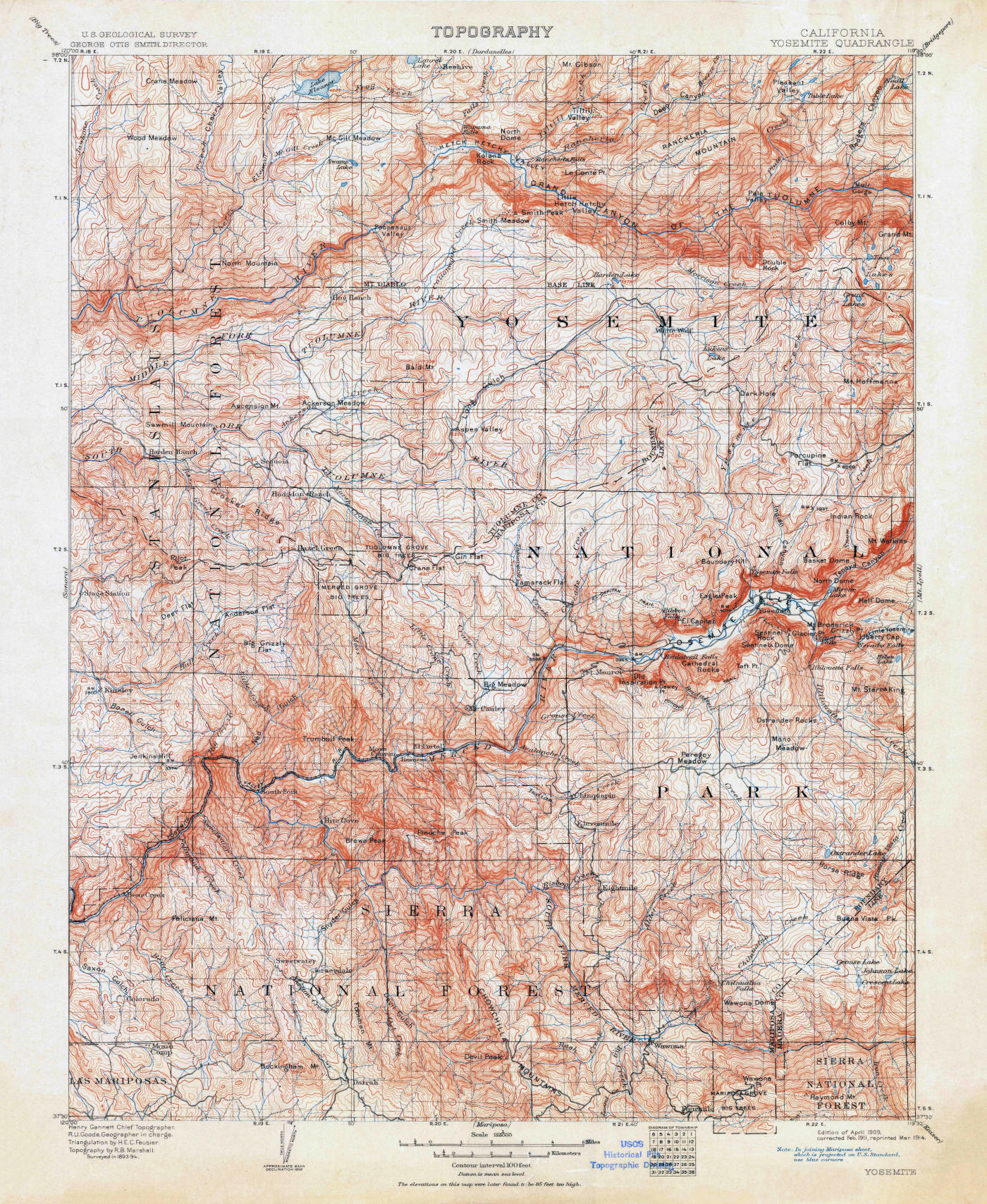 A historical USGS map of Yosemite National Park showing the topographic and riparian features of the landscape as they were in 1909.