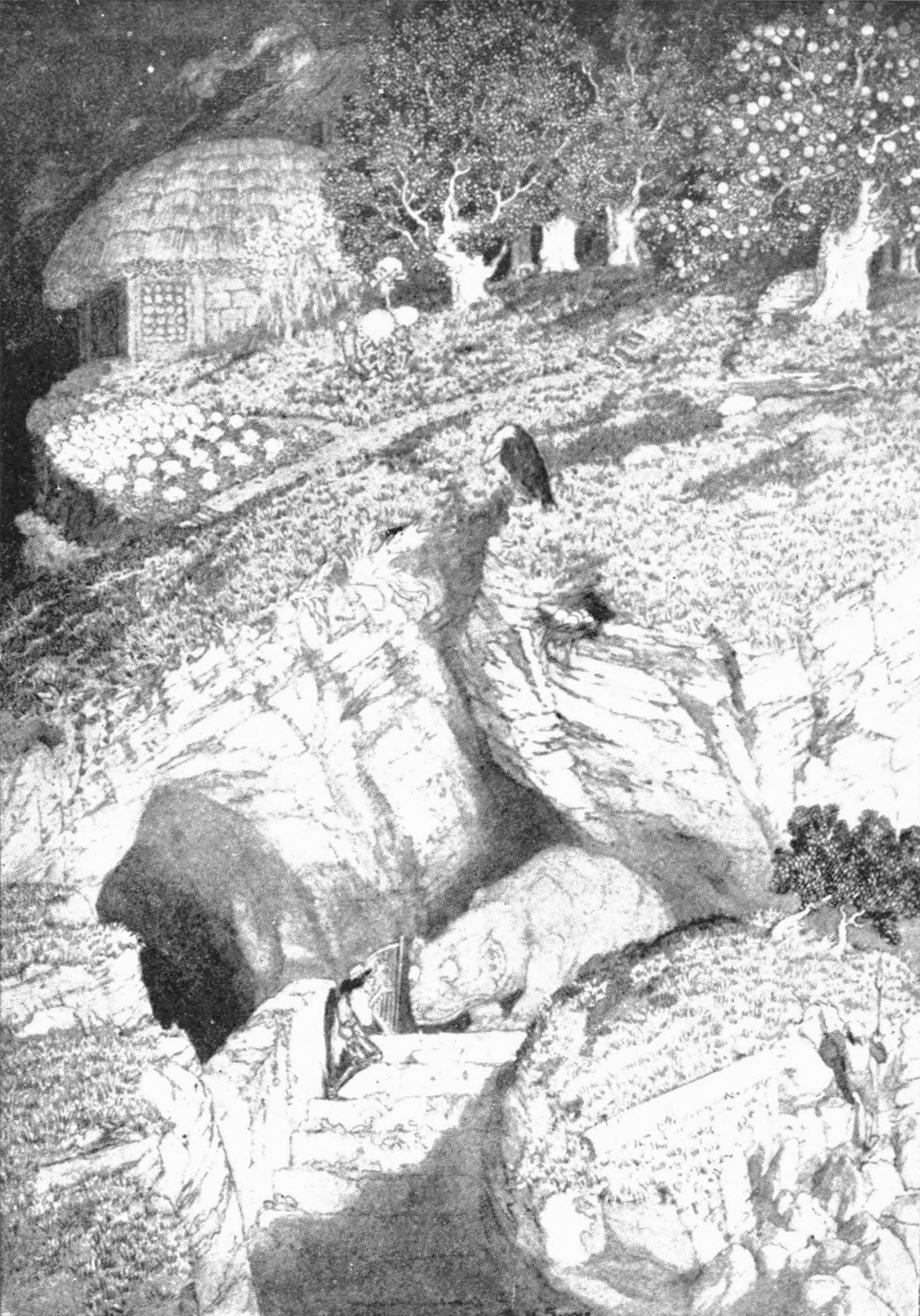 A man stands at the bottom of a mountain at a gate carved into the rock, where a monster is looking out at him. On top of the mountain is a grassy field with a house and trees.