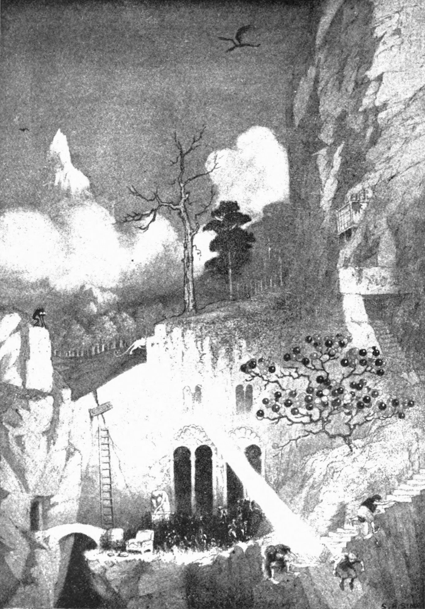 An otherworldly mountainscape. Birds wheel over trees growing out of the rock. An entrance is carved into the side of the mountain, flanked by chairs and ladders. Goblins play in front of it, next to a staircase.