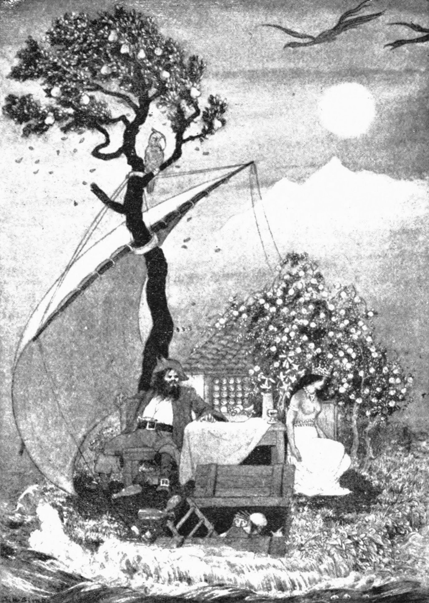 A bearded buccaneer sits on a small ship-island, which has a picnic table and a house. A queen sits with her back to him. The island has a sail attached to a tree, on which a parrot sits.