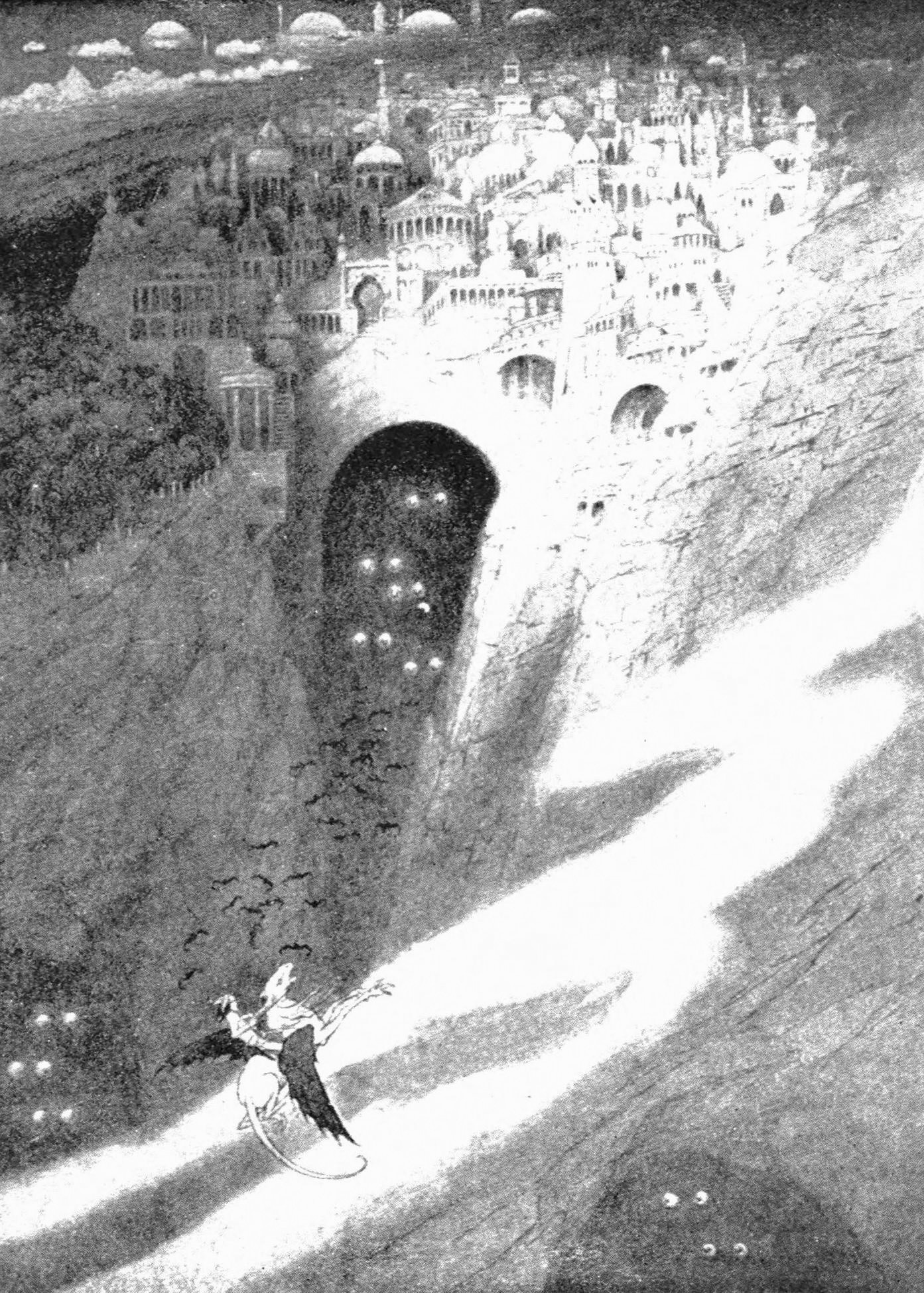 A huge city lies atop a mountain as a man riding a flying dragon approaches.