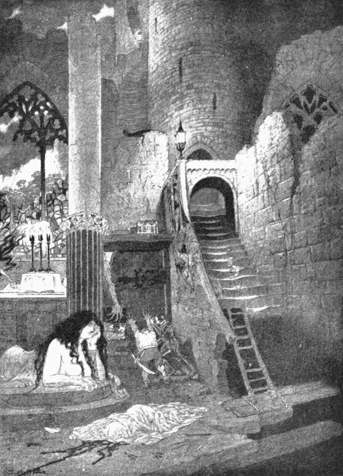 A strange Gothic castle lies in ruins. Two men try to hold the gates closed as a monstrous arm reaches out from the doorjamb. The Sphinx rests in front of them with head in her hand.