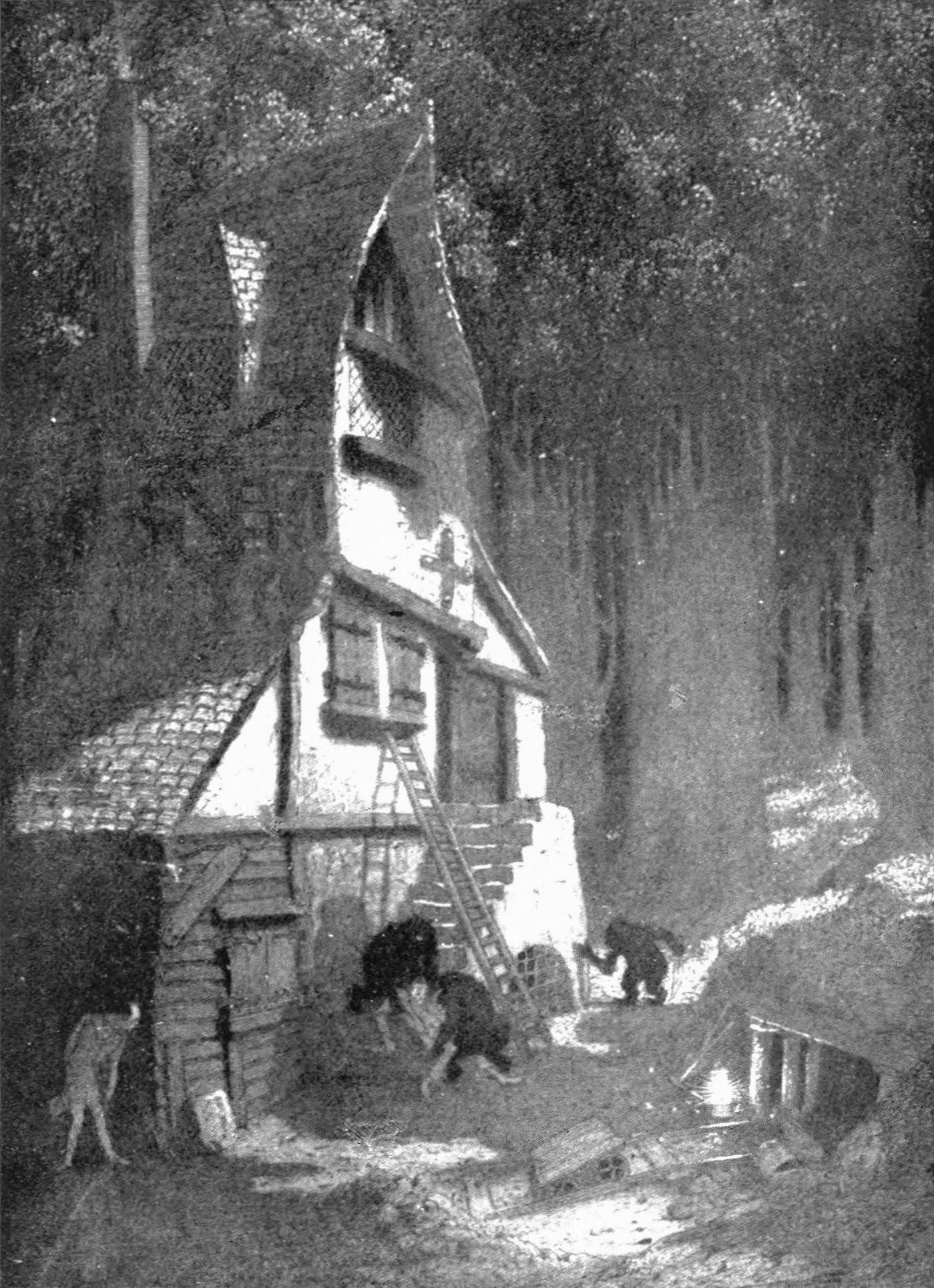 A man hides behind a tall cottage in the woods as dark upright creatures approach the door. A minecar to the right is ready to enter a mineshaft.