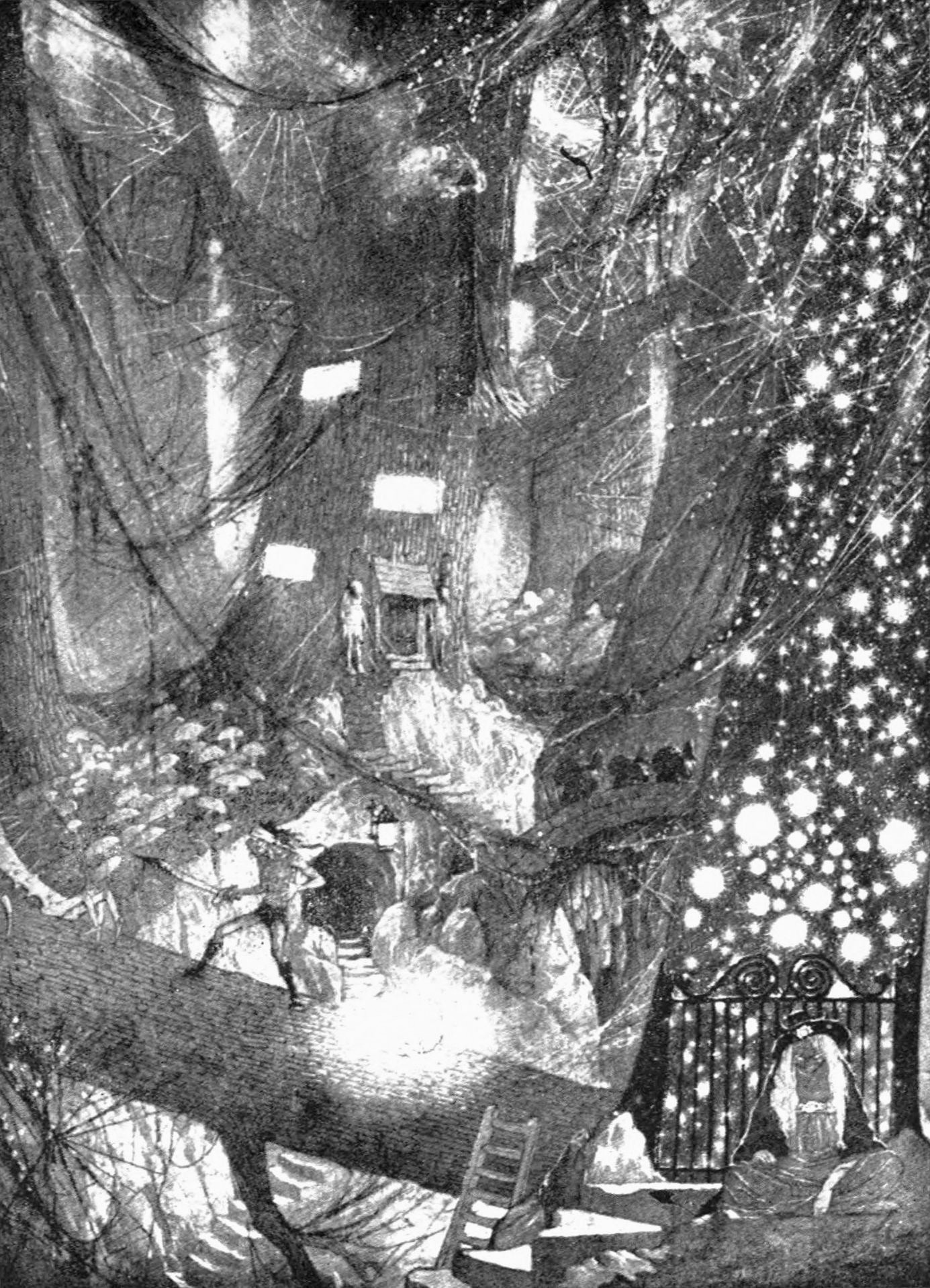 Steps lead up to a huge dark tree with a door in its base. Spiderwebs cover the canopy. A blindfolded creature weilding a sword menaces a monster, who lies outside the frame but whose feet are visible.