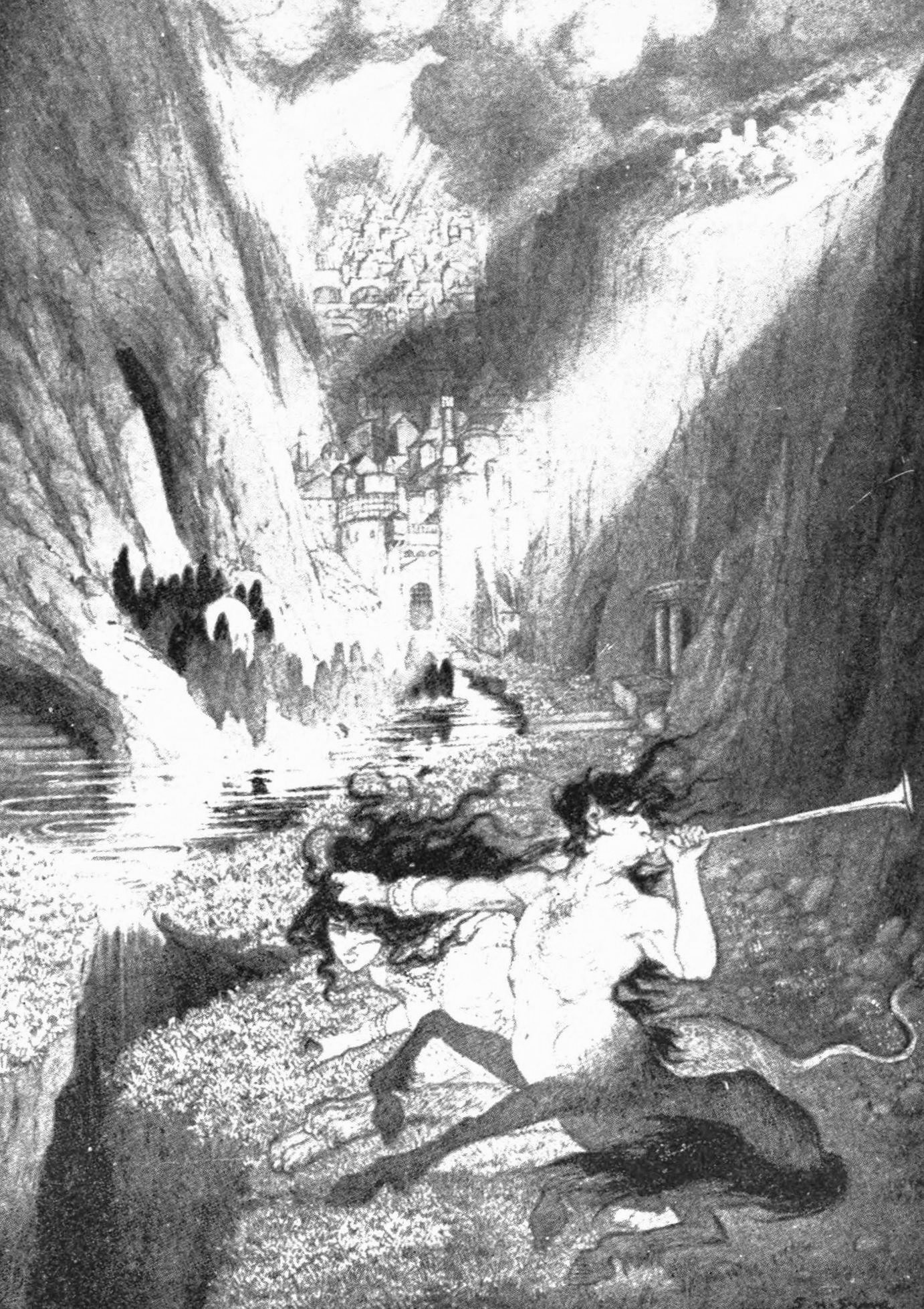 Zretzoola the centaur rears on his hind legs as he blows a horn. He grasps the hair of Sombelenë as she sits beside him. They are in a mountain valley with a castle in the far distance.