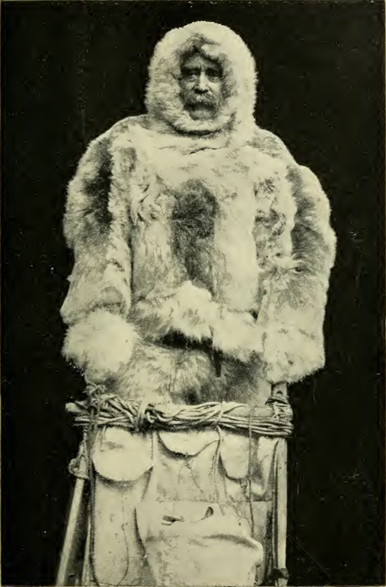 Front-facing picture of Robert Peary in heavy fur coat and hood.