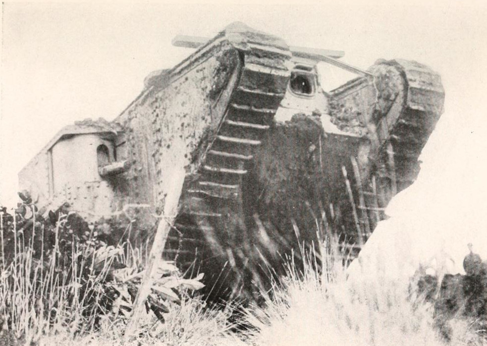 A tank is seen from below, as if viewed from a trench.