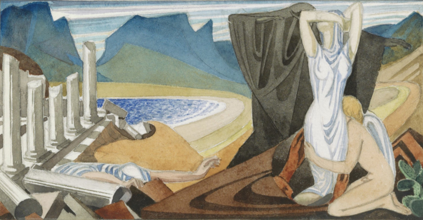 Watercolour of a scene with a body of water and mountains in the background, a series of broken Roman columns on the left, with two others strewn in the foreground and a man next to them prostrate. There is a woman standing on the right in a sheer robe with a nude man kneeling next to her, hugging her legs.
