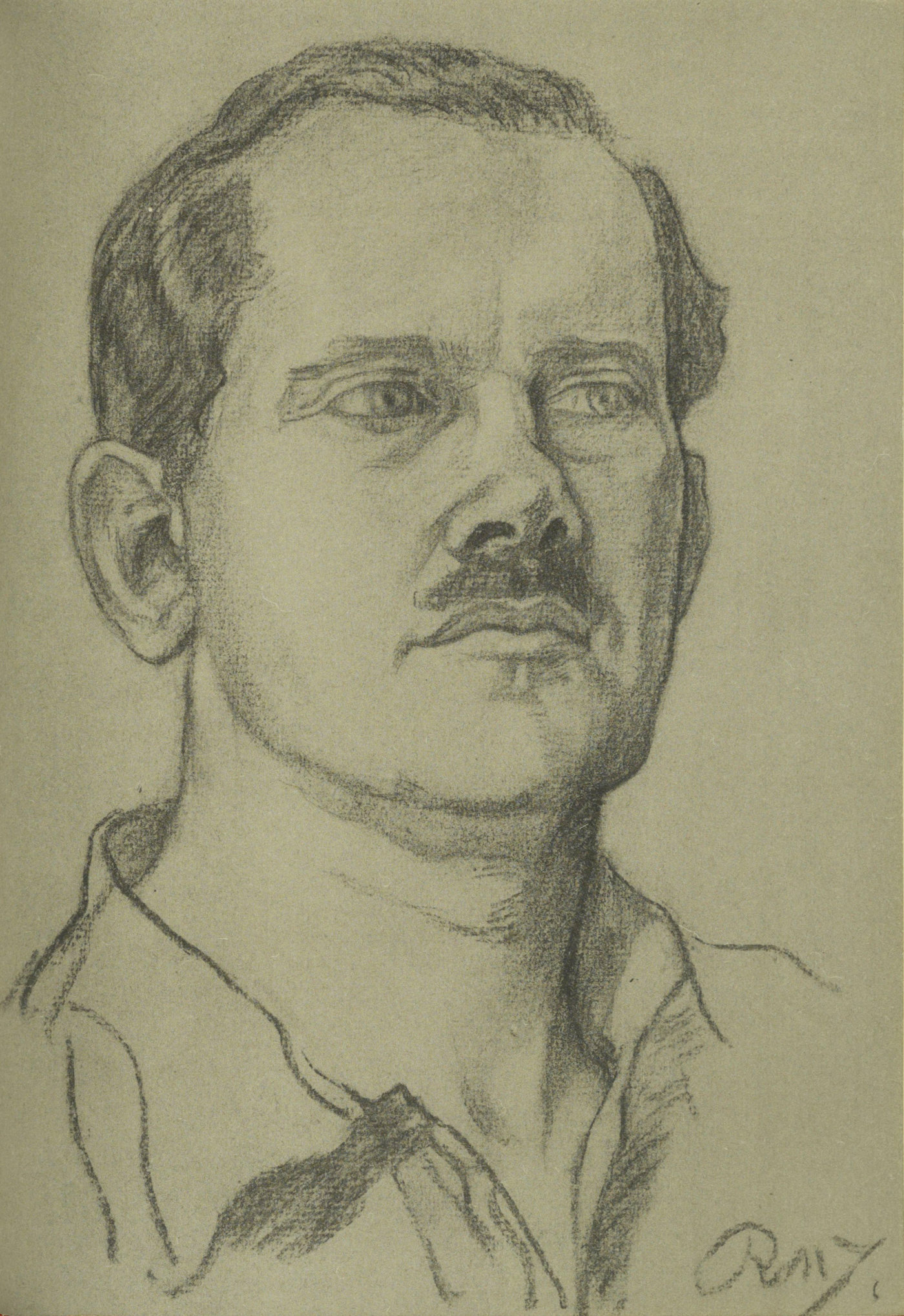 Chalk shoulder portrait of a white male with short mustache, hair parted on his left, in an open-necked shirt, facing to his left.