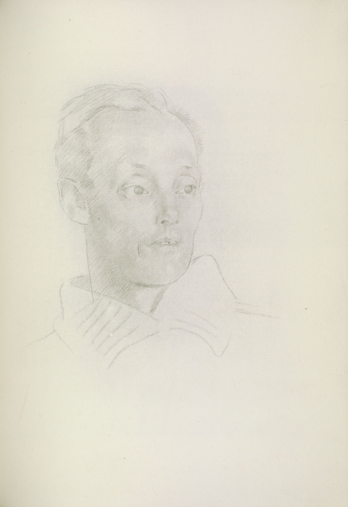 Pencil head portrait of a clean-shaven white male with medium-length hair balding in front, dark eyes, facing to his left.