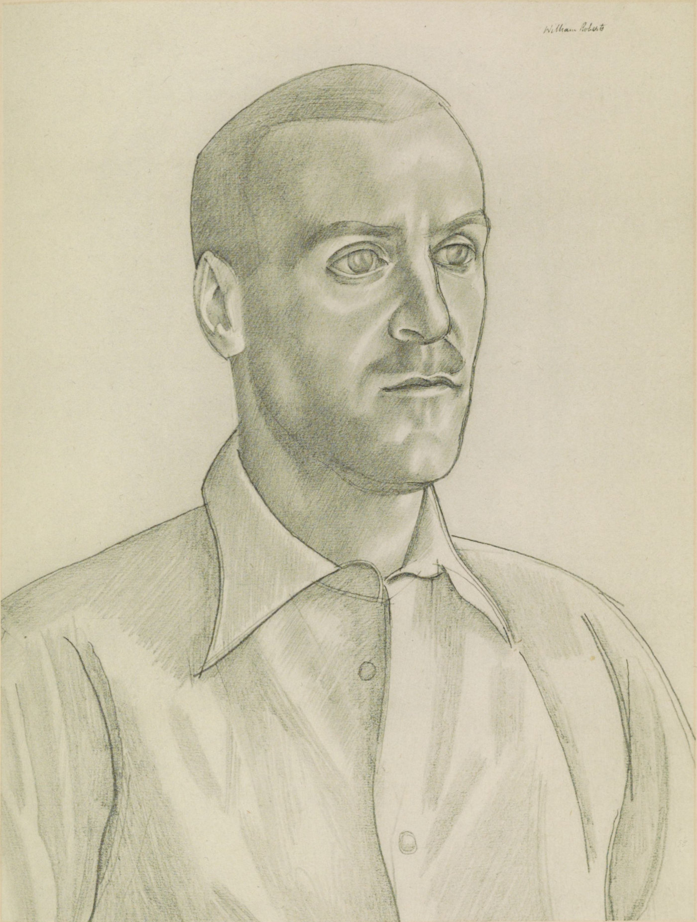 Pencil shoulder portrait of a twenties white male with short military haircut, short mustache, in an open-collar shirt, facing to his left.