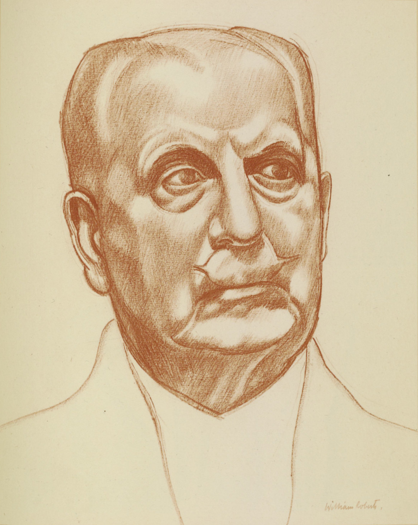 Chalk shoulder portrait of an older white male with dark eyes, white mustache, bald on top with short hair on sides, facing to his left.