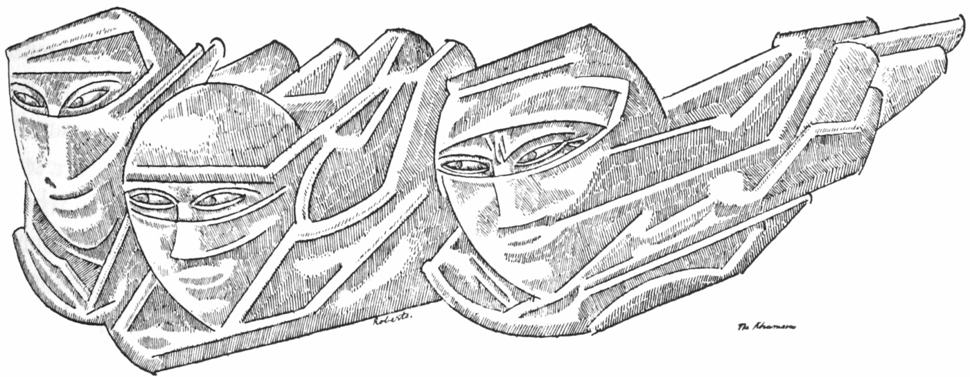 An abstract pen and ink drawing of three faces with scarfs over their faces flowing back, representing a khamsin wind.