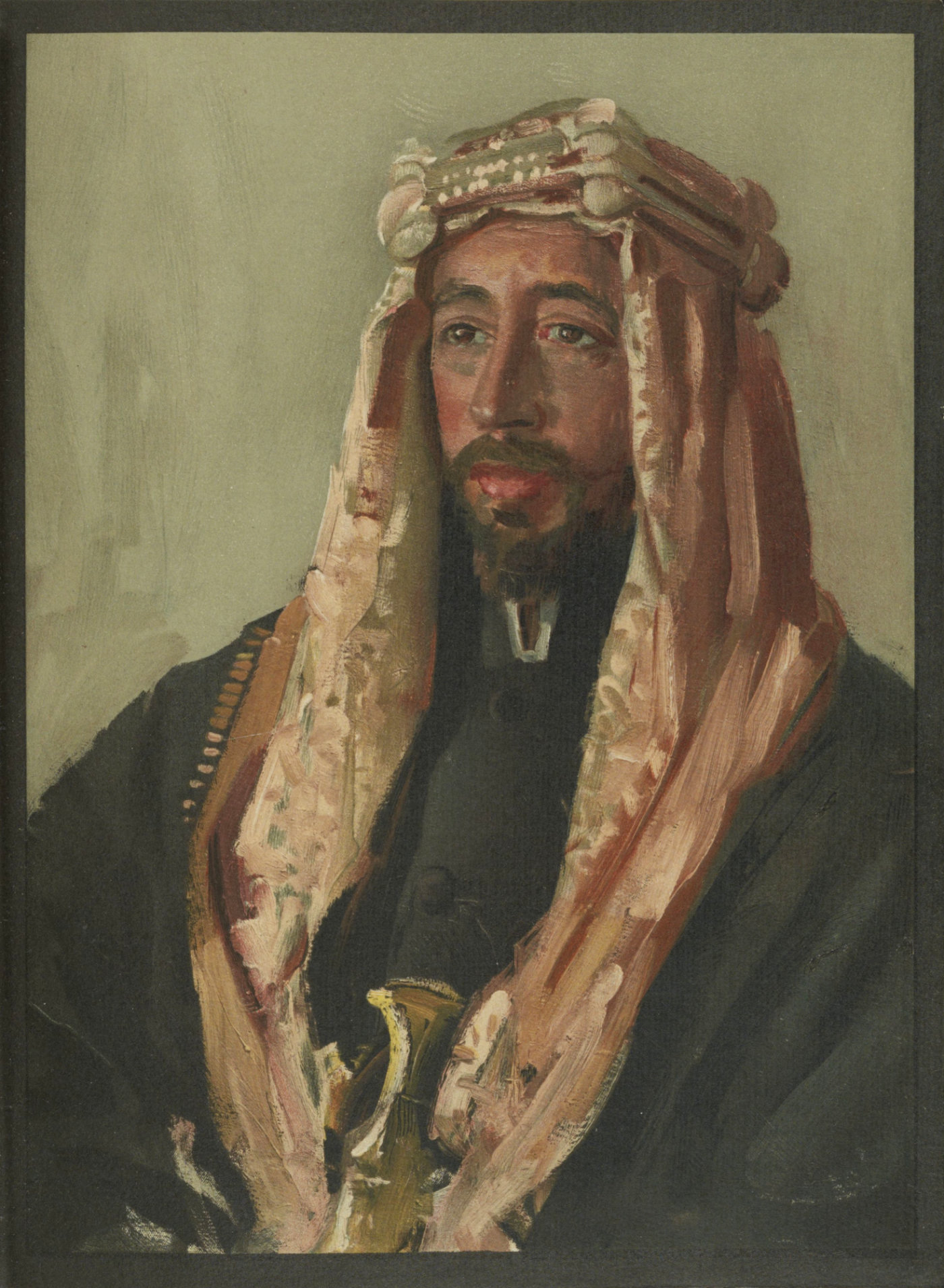 Pastel portrait of a bearded Arab man in dark robe and red kaffiyeh and agal, facing slightly to his right, holding a sword with only the hilt visible.