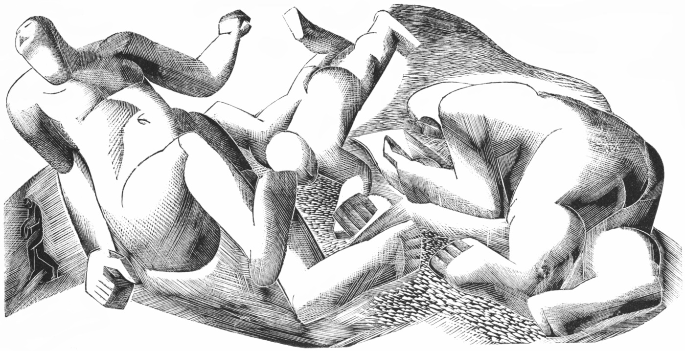 An abstract pen and ink drawing of three people lying on the ground, one on their stomach, one on their side, and the other on his back stretching as if he just woke up.