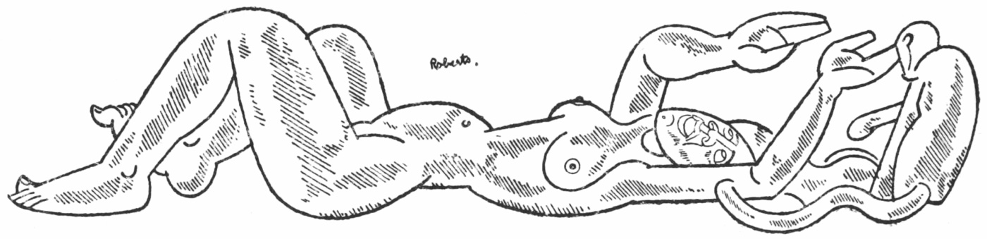 An abstract pen and ink drawing of a nude woman lying on her back, looking and reaching behind her head to play with a monkey seated there.
