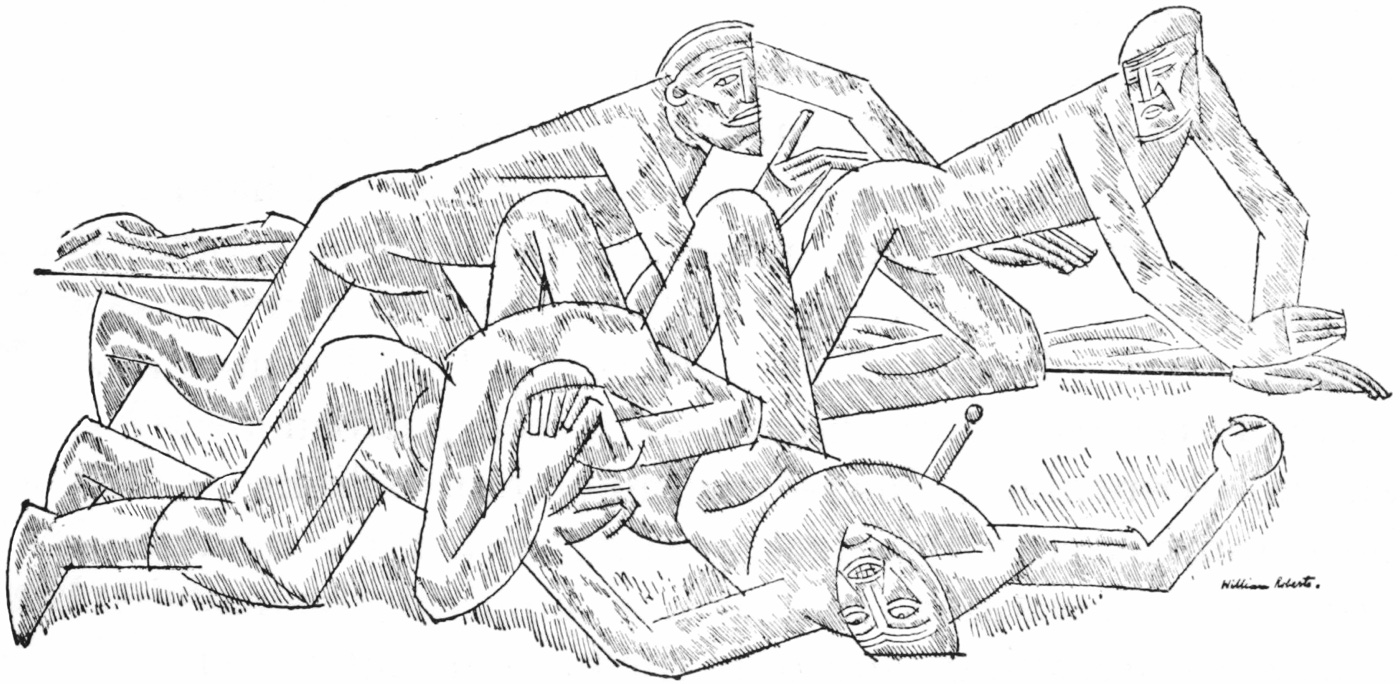 An abstract pen and ink drawing of four men on the ground; two in the background are crawling on their hands and knees with one motioning silence with his hand; one is lying on his back with a knife in his chest, and one is in grief prostrate over the body.