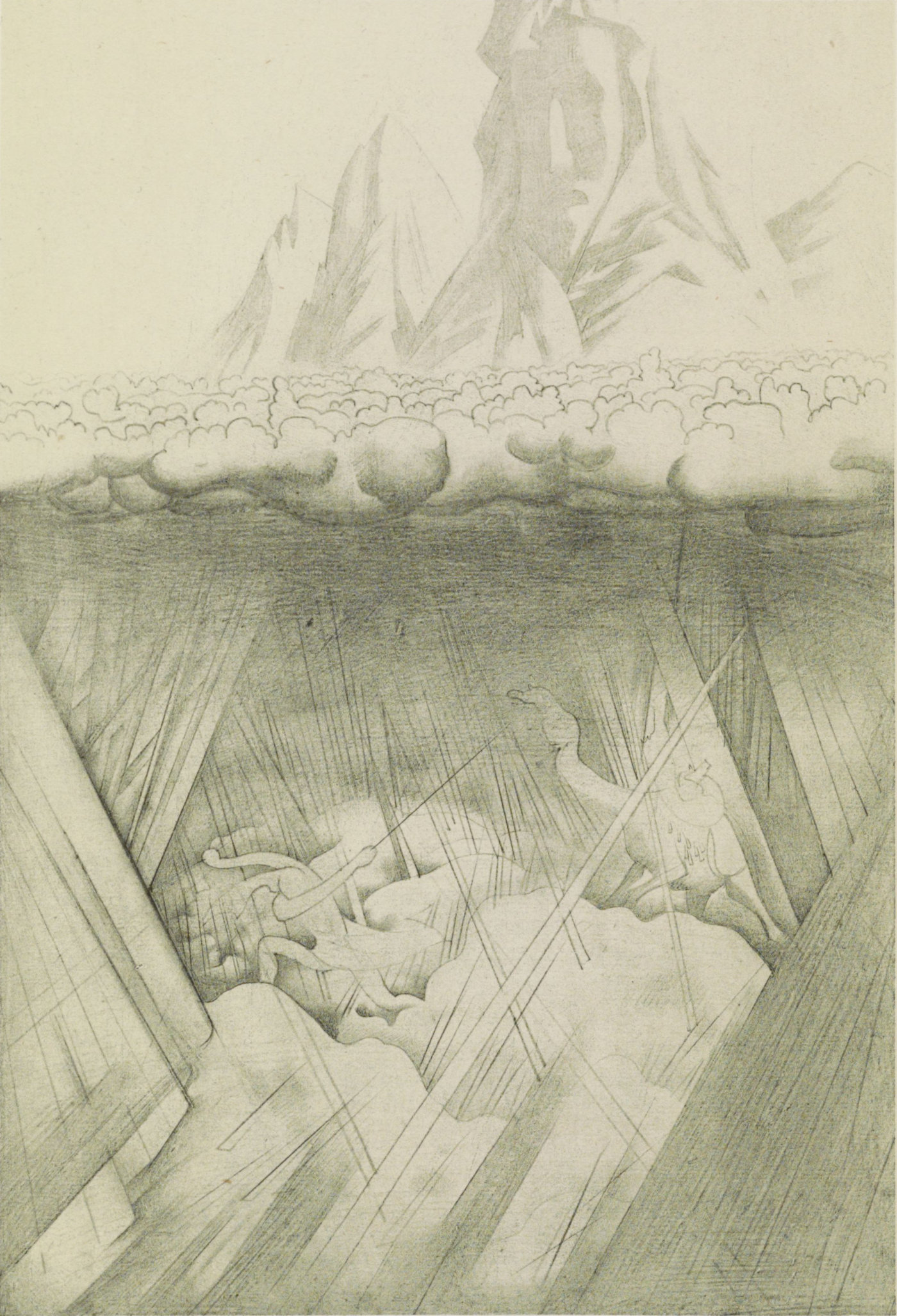 An abstract pencil drawing of large mountains in the background, with the foremost one resembling a man’s face. There are clouds at the base of the mountains, and below the clouds is a man dragging a camel by a rope.