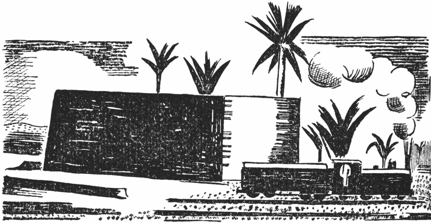 A pen and wash drawing of a train engine and car on a train track in front of a building, with tall palm trees in the background.