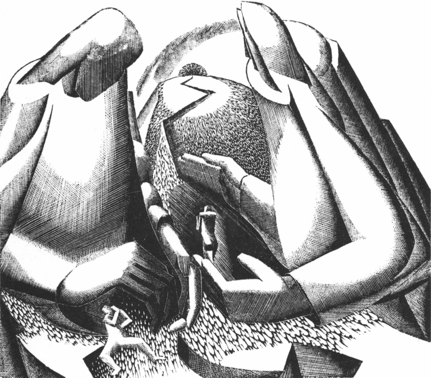 An abstract woodcut drawing of two oversized beings looking over a path, with one regular-sized person walking away on the path, and another regular-sized person sitting in front thinking.