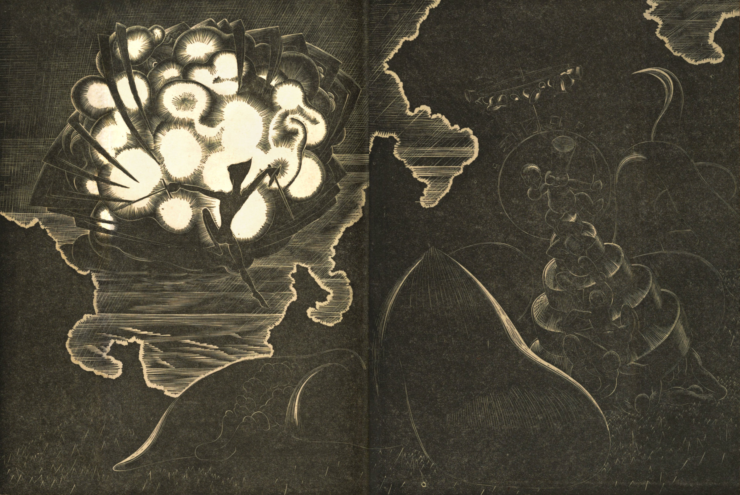Abstract two-page spread woodcut with a Peter Pan-like figure on the left with a sword in each hand facing a dozen or more legged spider with his legs surrounding several lights; on the right is a round-bodied entity on top of a series of cylindrical structures with several men trying to climb up to reach him.