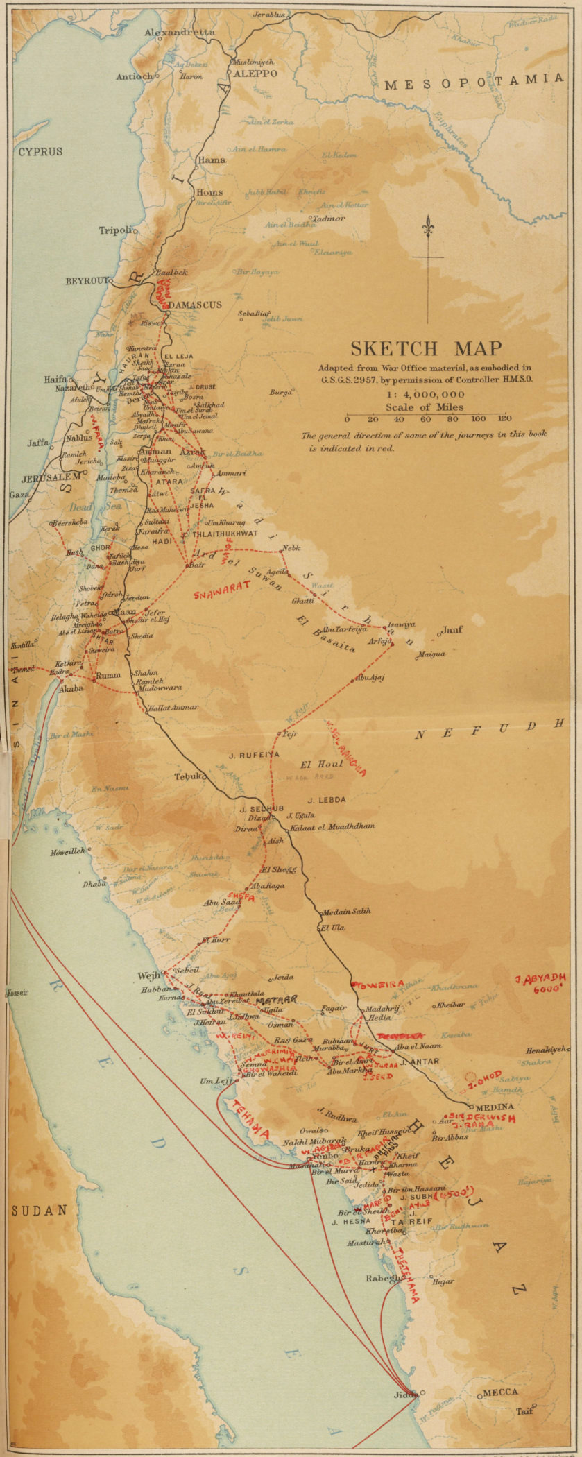 Period map of the area around the Red Sea and up through the Levant. It includes the Hejaz region on the west side of the red sea, with markings for Lawrence’s travels through the region.