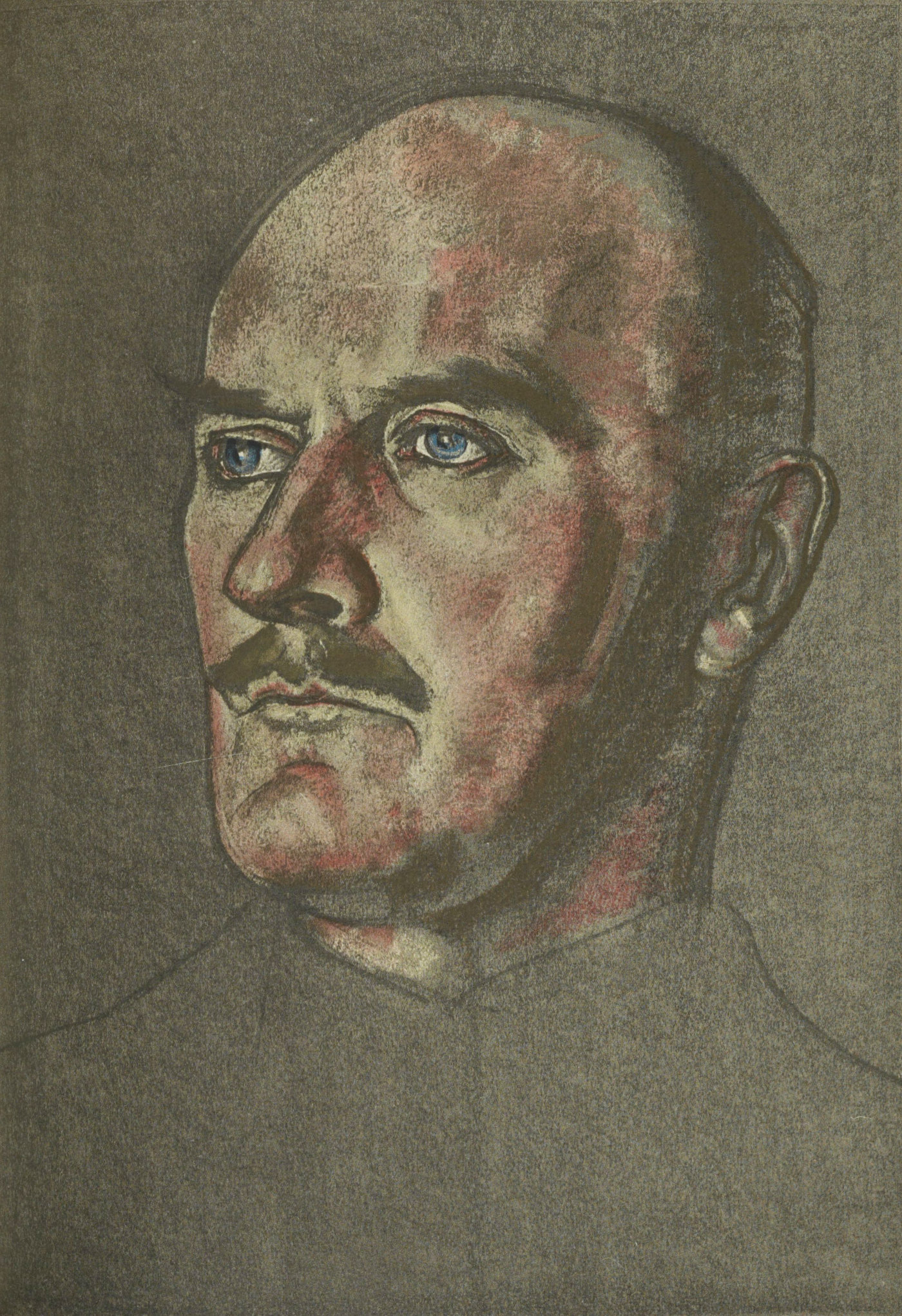 Pastel portrait of a white male with blue eyes, mustache, sharp nose, full eyebrows, closely-cropped thinning hair, facing to his right.
