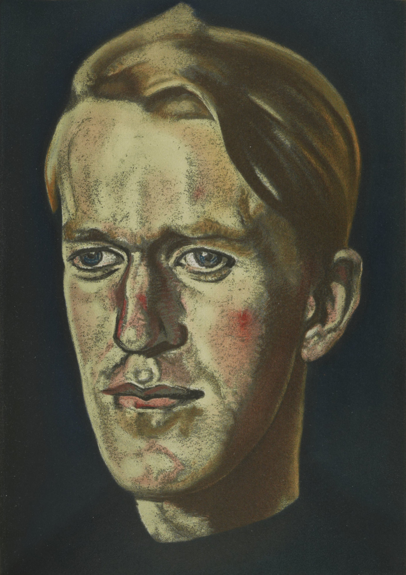 Pastel portrait of a young white clean-shaven male in his thirties, with blue eyes, blonde hair, facing slightly to his right.