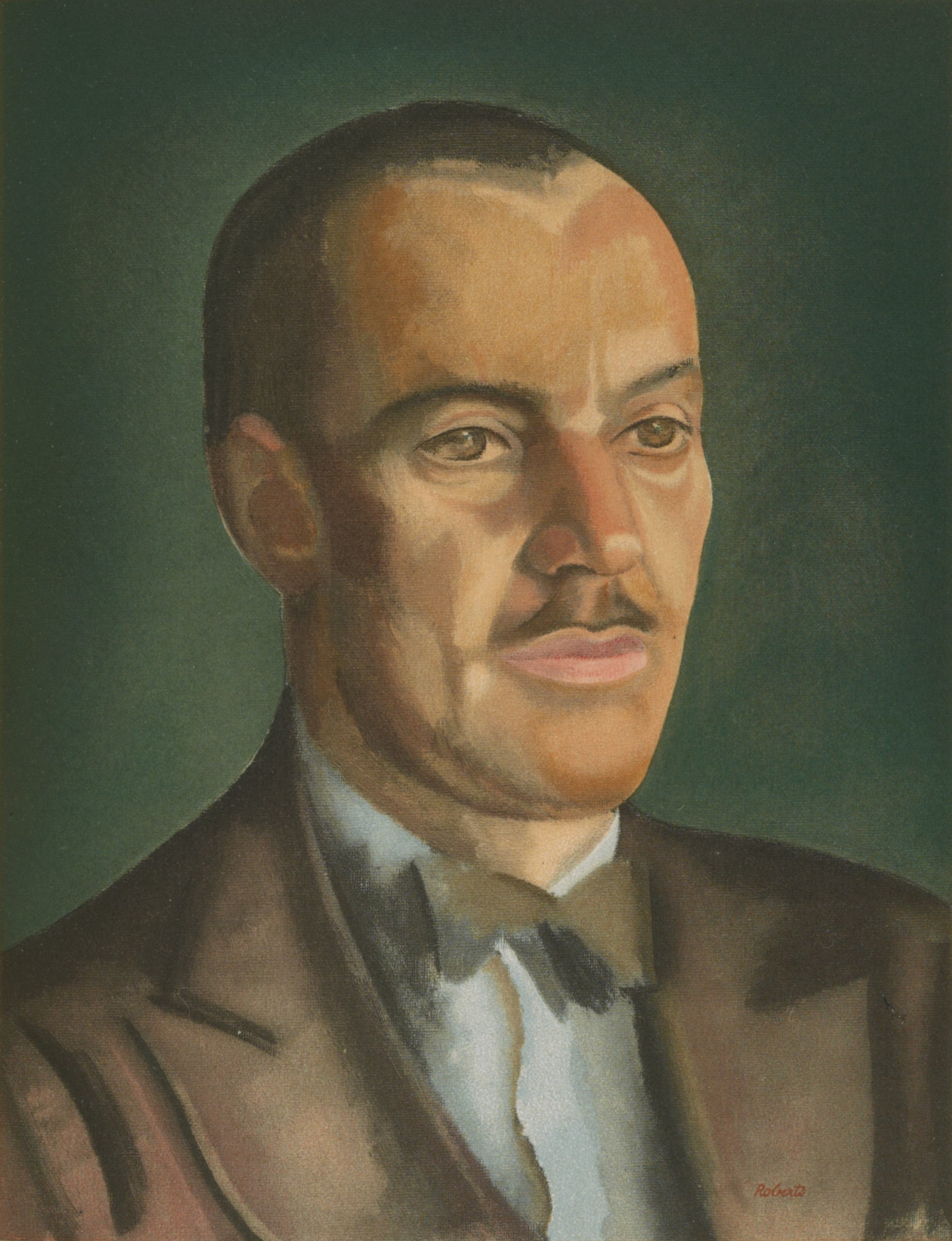 Oil portrait of a white male in his late thirties with closely cropped black hair with a sharp widows peak, brown eyes, thin mustache, in formal wear, facing to his left.