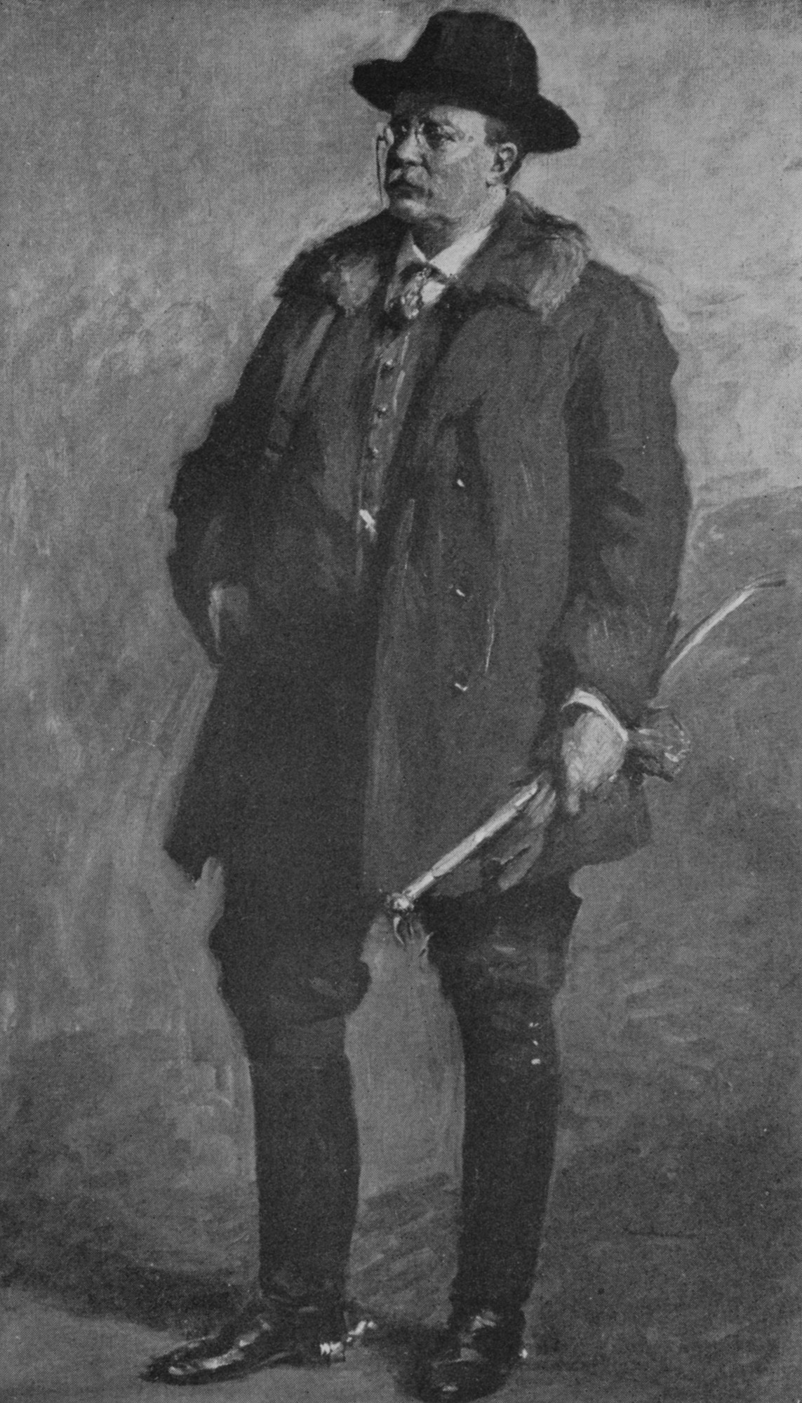 A painting of the author wearing a winter coat and holding a horse riding crop in his left hand.