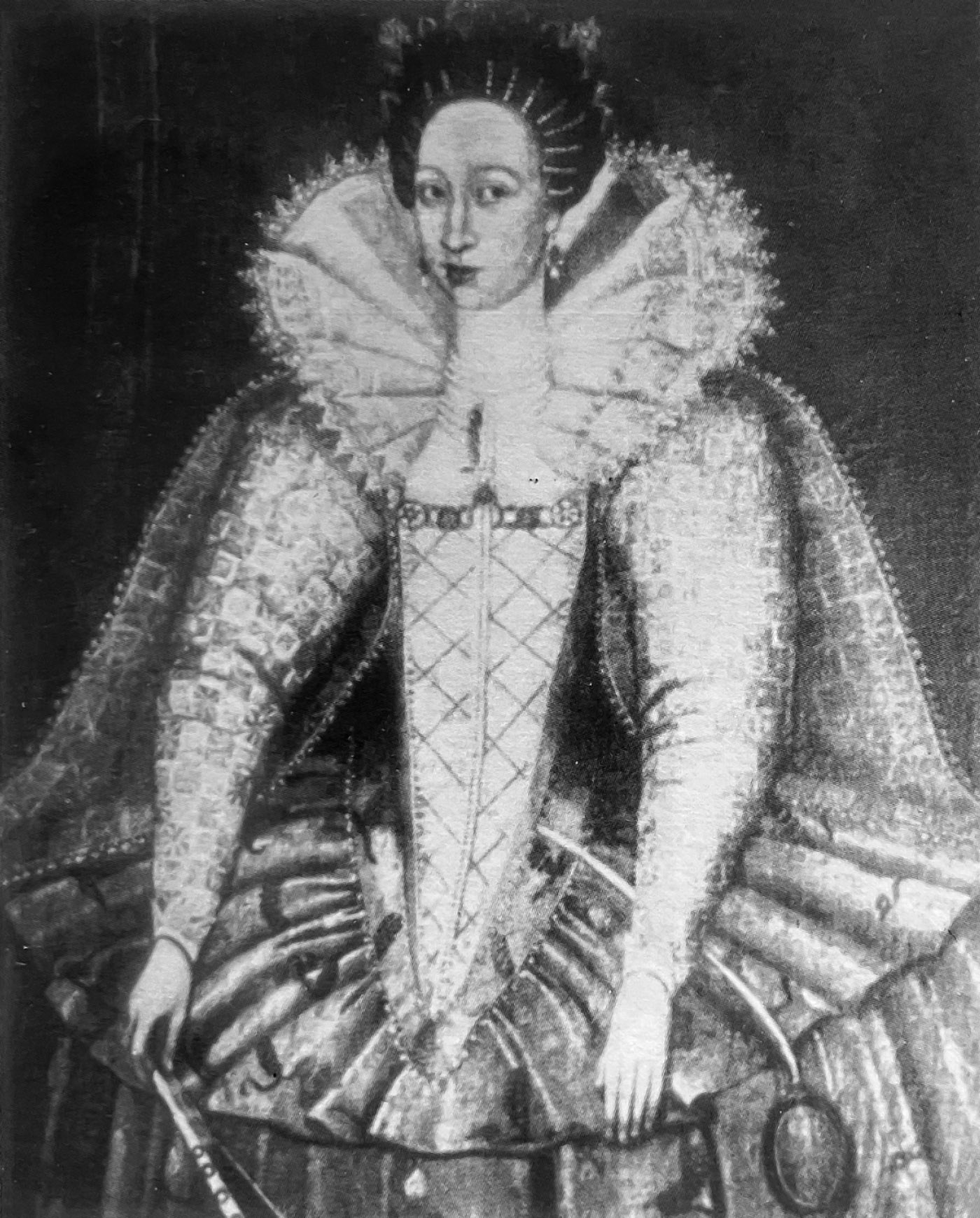 A painting of woman in Elizabethan dress with a high lace collar, narrow waist and large farthingale.