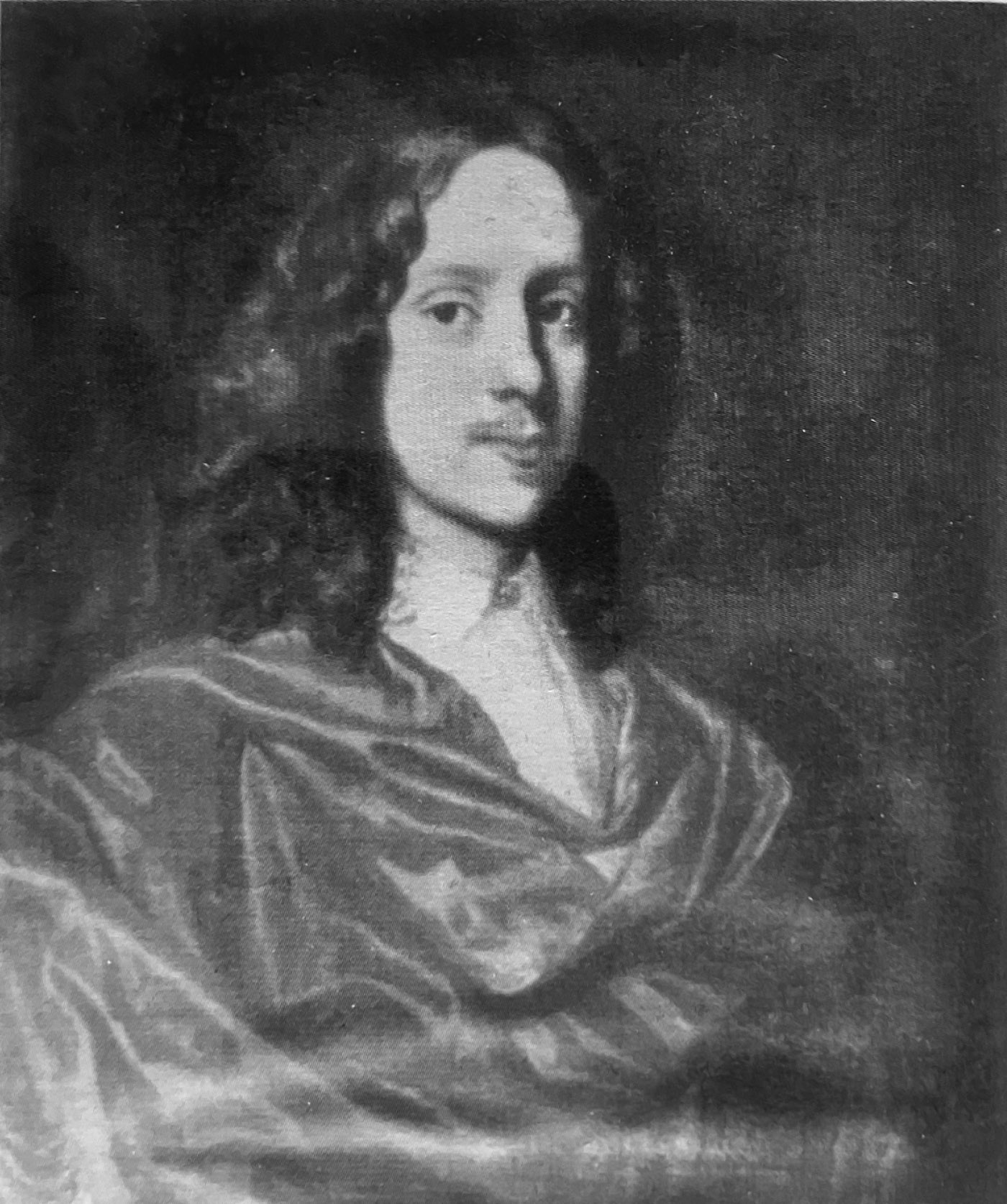 A painting of a young man with long curly hair and a faint moustache wearing a high collar and robes.