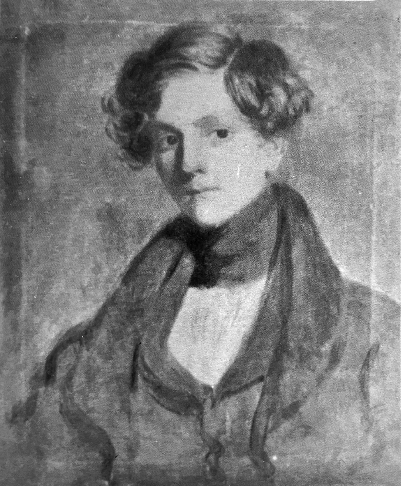 A painting of a young man with short curly hair wearing a neck kerchief and dark suit.
